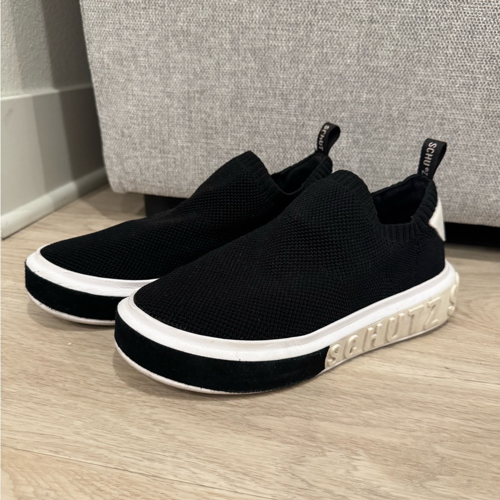 SCHUTZ Derina Black Knit Platform Slip-On Shoes
